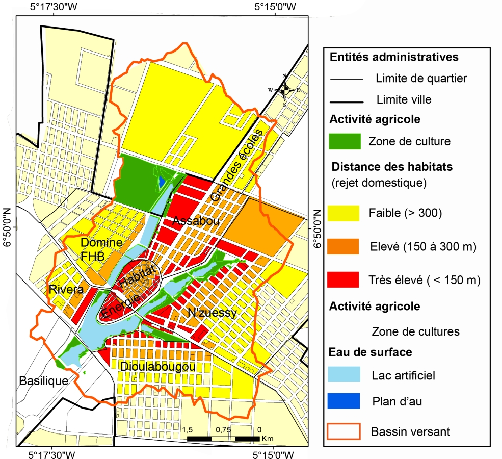 Carte de la proximité des habitations à 150 m et des espaces de cultures autour des lacs artificiels