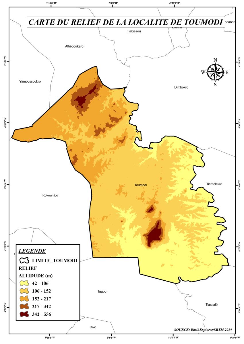 Carte du relief de la région de Toumodi en Côte d'Ivoire