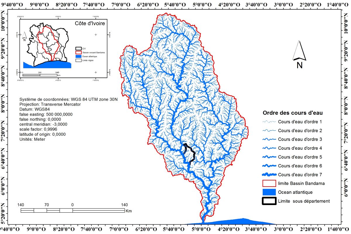 Carte du bassin versant du fleuve Bandama en Côte d'Ivoire