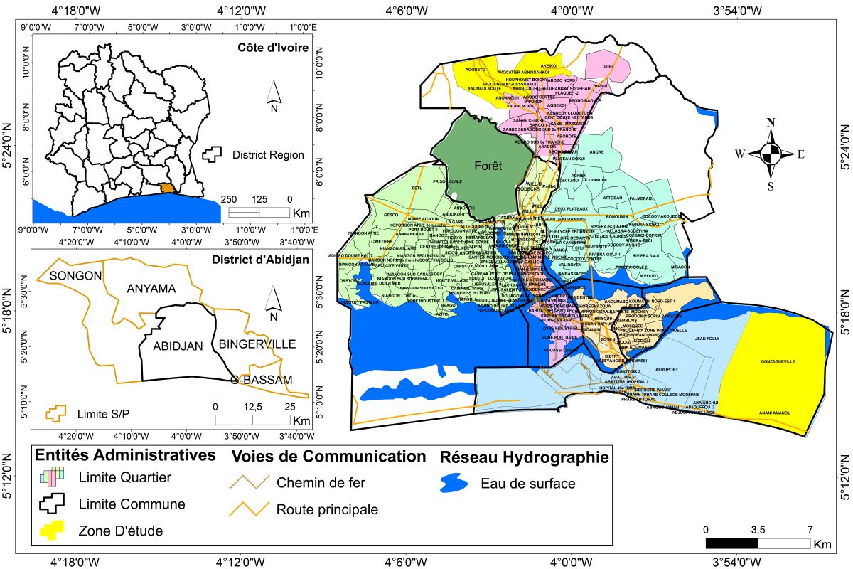 Carte des différents quartiers d'Abidjan en Côte d'Ivoire
