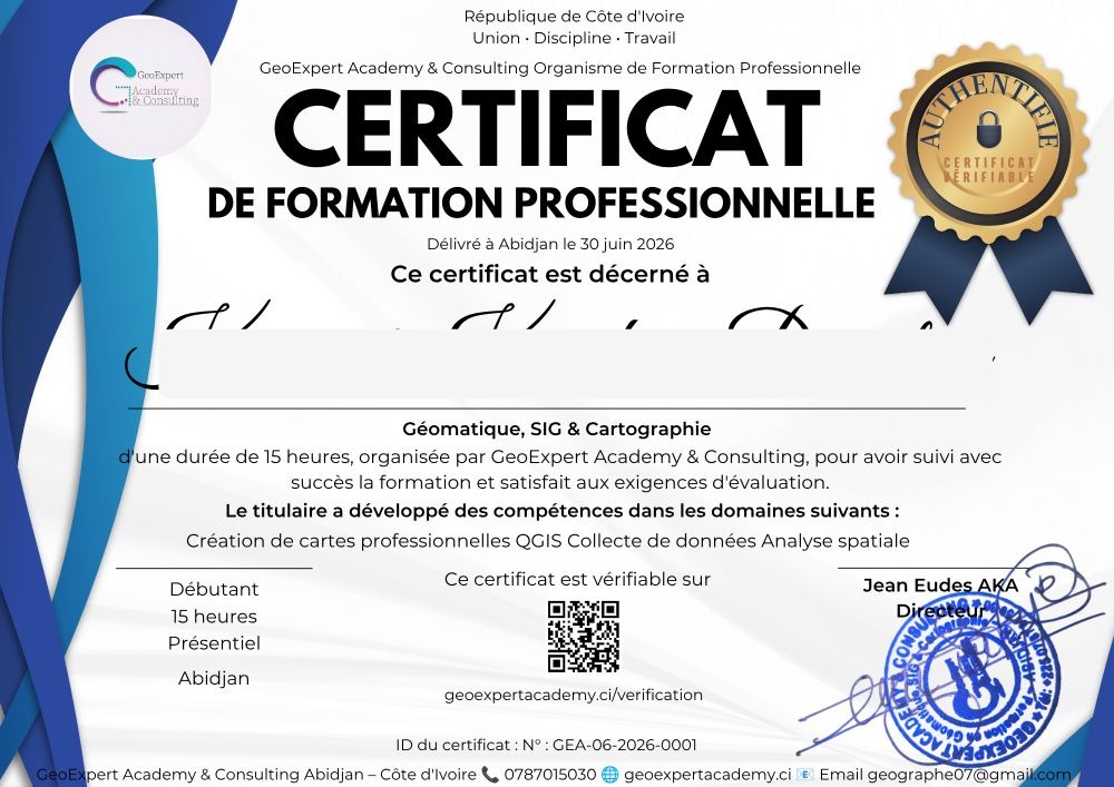 Remise de certificat à un apprenant GeoExpert Academy